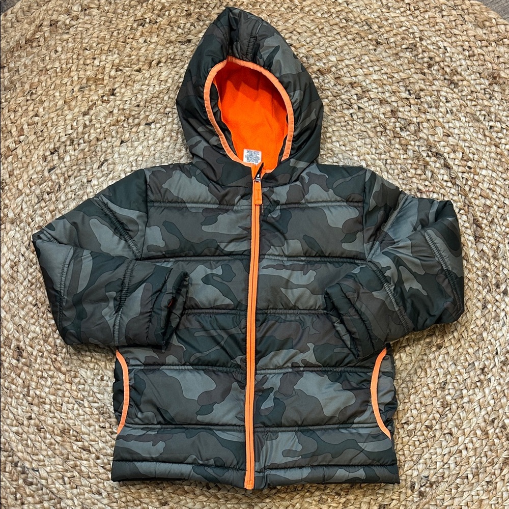 Faded Glory Camouflage Puffer Jacket with Orange Accents